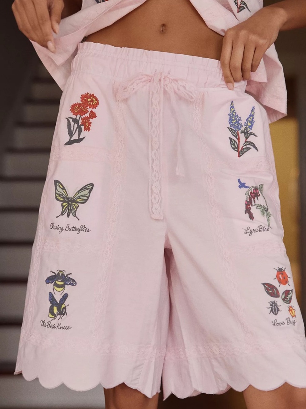 Anthropologie Pink Embroidered Scalloped Shorts
